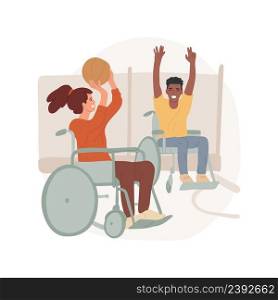 Basketball isolated cartoon vector illustration Disabled kid in a wheelchair with a ball on the sports ground playing basketball, handicapped people, active lifestyle vector cartoon.. Basketball isolated cartoon vector illustration