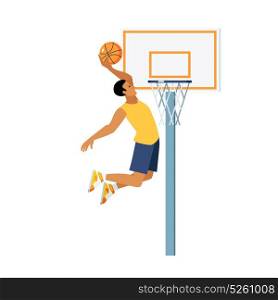 Basketball Jump Illustration. Young man doing basketball jump slam dunk near backboard with hoop on white background vector illustration