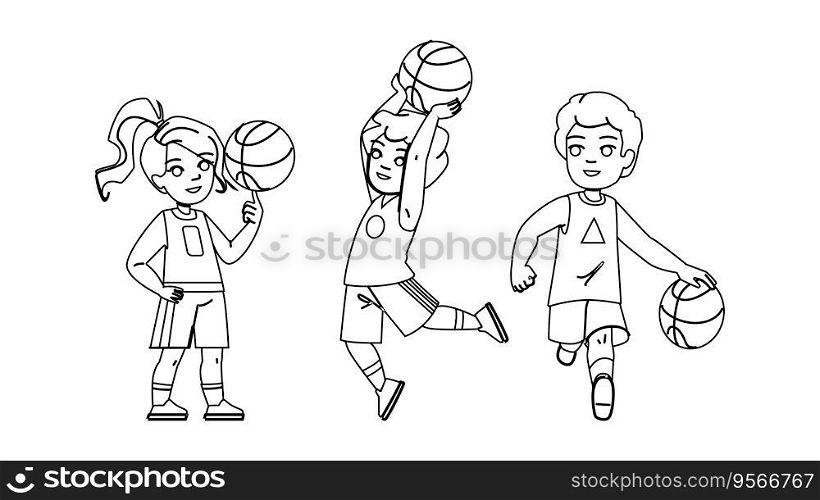 basketball kid vector. child sport, player play, basket activity, boy team, action youth basketball kid character. people black line illustration. basketball kid vector