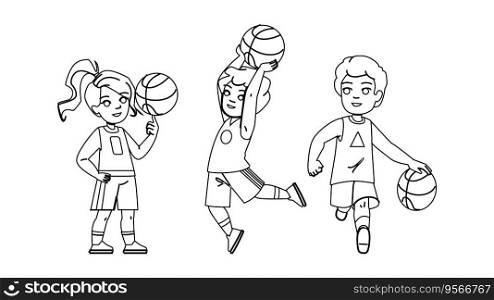 basketball kid vector. child sport, player play, basket activity, boy team, action youth basketball kid character. people black line illustration. basketball kid vector