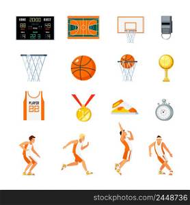 Basketball orthogonal icons set with players trophies whistle stopwatch backboard court and sports uniform isolated vector illustration . Basketball Orthogonal Icons Set