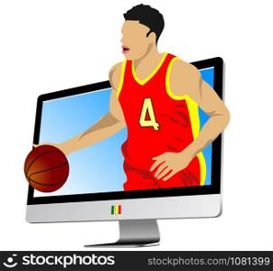 Basketball player into monitor. Vector illustration