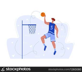 Basketball player jumping with ball on sport playground, muscular athletic man or sportsman in uniform training - banner for sport academy website, app, flat people - vector. basketball player sport concept