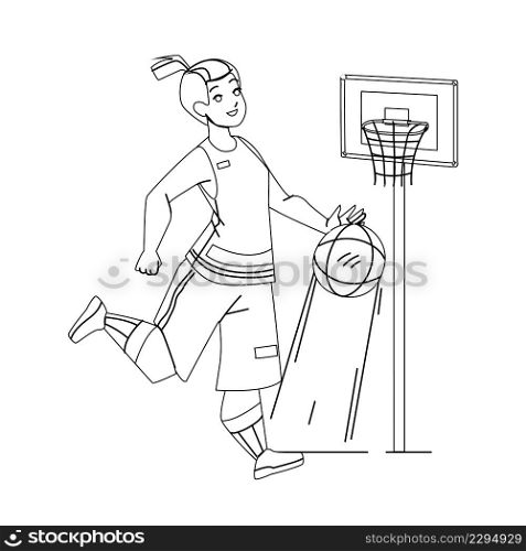 Basketball Player Playing Game With Ball Black Line Pencil Drawing Vector. Young Girl Basketball Player Wearing Team Uniform Play With Sportive Accessory On Playground. Character Sportswoman. Basketball Player Playing Game With Ball Vector