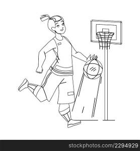 Basketball Player Playing Game With Ball Black Line Pencil Drawing Vector. Young Girl Basketball Player Wearing Team Uniform Play With Sportive Accessory On Playground. Character Sportswoman. Basketball Player Playing Game With Ball Vector