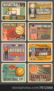Basketball players vector retro posters. Sport game championship, match with balls, winner trophy cups, hoop and team players on arena stadium. Referee room, basketball competition vintage cards set. Basketball players vector retro vintage posters