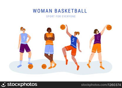 Basketball players with ball - set of isolated girls characters, African American and white women playing, jumping with ball, muscular basketball players - isolated flat vector for poster, merch. woman basketball player sport concept