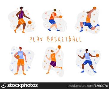 Basketball players with ball - set of isolated people characters, African American and white men playing, guys jumping with ball, muscular basketball players - isolated flat vector for poster, merch. basketball player sport concept