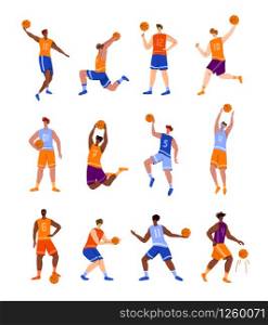 Basketball players with ball - set of isolated people characters, African American and white men playing, guys jumping with ball, muscular basketball players - isolated flat vector for poster, merch. basketball player sport concept