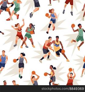 Basketball seamless pattern. Cartoon sport players characters, professional athletes in playing process with orange ball. Decor textile, wrapping paper, wallpaper, print design, tidy vector background. Basketball seamless pattern. Cartoon sport players characters, professional athletes in playing process with orange ball. Decor textile, wrapping paper, wallpaper, tidy vector background