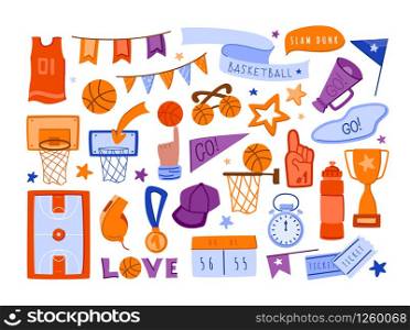 Basketball sport accessories - set of isolated things on whith. Basketball ball basket playground sportfield medal and cup whistle flags and fans glove cap tickets stopwatch, lettering vector elements. basketball things sport concept