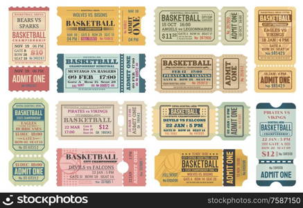 Basketball sport game competition ticket or admit one card vector templates with basketball balls. Championship league tournament match event access coupons and invitations retro design. Ticket templates of basketball sport game