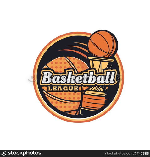 Basketball sport icon, club or team vector icon. Basketball and streetball game tournament or championship emblem with basketball ball and victory cup. Basketball sport club team icon, streetball cup