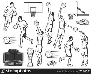 Basketball sport players throwing balls into net vector icons. Sportsmen run or jump during training, sport tournament. Basketball game, school league competition, championship isolated signs set. Basketball sport players throwing a balls