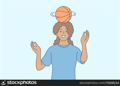 Basketball, sport, recreation, summertime concept. Young african american woman girl teenager athlete character spinning ball on head or performing tricks. Active summer extreme lifestyle illustration. Basketball, sport, recreation, summertime concept.