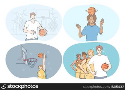 Basketball, sport, team competition concept. Young girls and boys basketball players training, jumping with slam dunk, training ball skills and competing in ch&ionships vector illustration . Basketball, sport, team competition concept