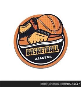 Basketball sport vector icon of ball and basketball game team player shoes with orange halftone pattern. Sport club, sporting competition tournament or ch&ionship league match isolated round icon. Basketball sport icon, ball and shoes, halftone