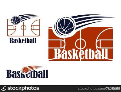 Basketball symbol with empty field, ball and text colored in black and red for sport and leisure design