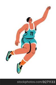 Basketballer jumping in air reaching high with hand, isolated male character wearing uniform. Hobbies and activities for men, sportive events or competitions for sportsmen. Vector in flat style. Sports basketball game, basketballers jumping