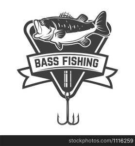 Bass fishing camp. Emblem template with perch. Design element for logo, label, sign, poster. Vector illustration