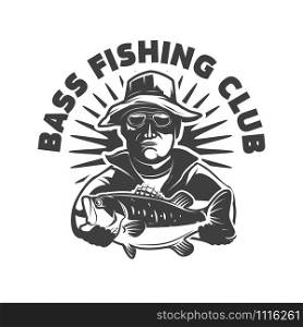 Bass fishing club. Emblem template with fisherman and perch. Design element for logo, label, sign, poster. Vector illustration