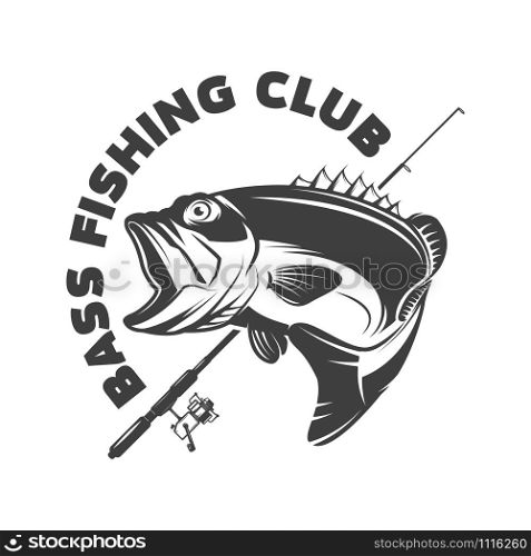 Bass fishing club. Emblem template with perch and fishing rod. Design element for logo, label, sign, poster. Vector illustration
