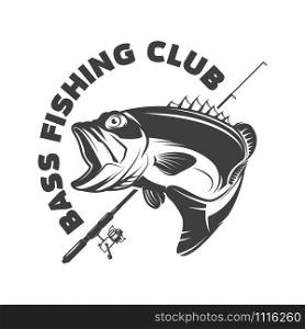 Bass fishing club. Emblem template with perch and fishing rod. Design element for logo, label, sign, poster. Vector illustration