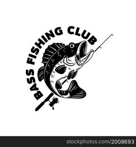 Bass fishing club. Illustration of bass fish and fishing rod. Design element for poster, card, banner, t shirt. Vector illustration