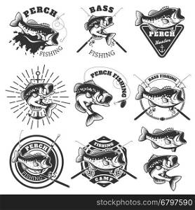 Bass fishing labels. Perch fish. Emblems templates for fishing club. Vector illustration.