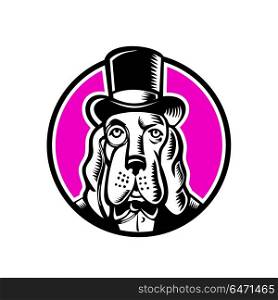 Basset Hound Monocle Top Hat . Mascot icon illustration of head of a basset hound wearing monocle glass and top hat, high hat, or topper viewed from front on isolated background in retro woodcut style.. Basset Hound Monocle Top Hat