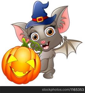 Bat cartoon with a witch hat and pumpkin
