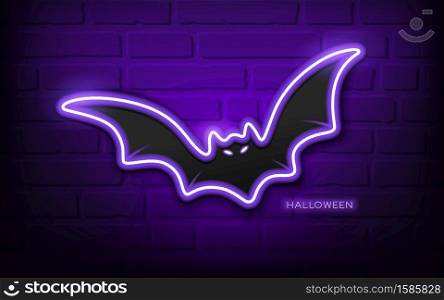 Bat neon light, colorful halloween concept design,on block wall black background, Eps 10 vector illustration