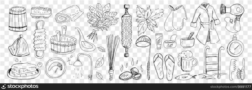 Bath and sauna attributes doodle set. Collection of hand drawn bathrobe, hot stones, basins, slippers shower hats brooms brush mittens beer for enjoying bath isolated on transparent background. Bath and sauna attributes doodle set.