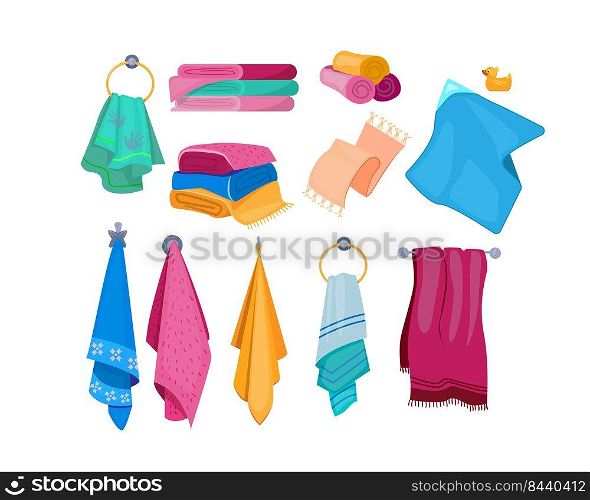 Bath, beach, kitchen towels set. Colorful textile, hanging, stacked and rolled towels. Vector illustration for domestic accessory, household, bathroom, hygiene concept