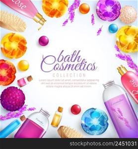 Bath cosmetics concept with soap shampoo and foam cartoon vector illustration. Bath Cosmetics Concept