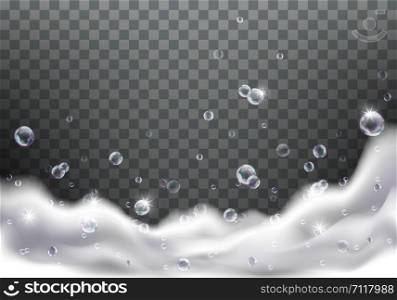 Bath foam realistic vector illustration on transparent background. White soap suds with rainbow air bubbles, shampoo bubbles or foaming detergent texture, frame or border for design. Bath foam or soap suds realistic vector