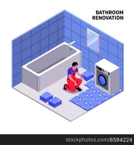 Bath room repair isometric composition in white blue color with laying tiles, sanitary equipment, vector illustration . Bath Room Repair Isometric Composition