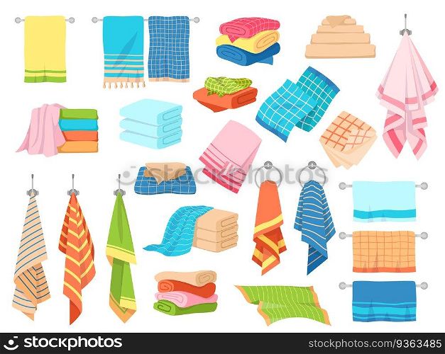 Bath towel. Hand kitchen towels, textile cloth for spa, beach, shower fabric rolls lying in stack. Cartoon vector hygiene objects clothing softness blanket hanging handkerchief set. Bath towel. Hand kitchen towels, textile cloth for spa, beach, shower fabric rolls lying in stack. Cartoon vector set