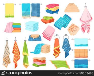 Bath towel. Hand kitchen towels, textile cloth for spa, beach, shower fabric rolls lying in stack. Cartoon vector hygiene objects clothing softness blanket hanging handkerchief set. Bath towel. Hand kitchen towels, textile cloth for spa, beach, shower fabric rolls lying in stack. Cartoon vector set