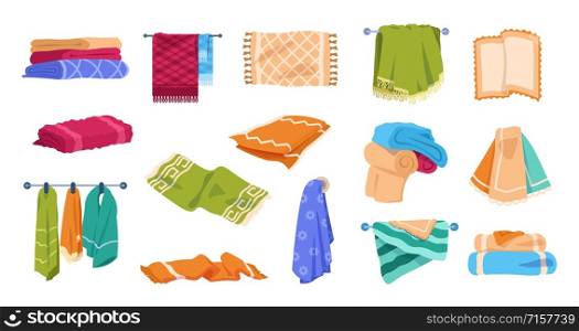 Bath towels. Beach and spa soft cotton towels in stack and rolled, hygiene and kitchen textile clothing for hands. Vector set colorful towel collection in stack or hanging on hangers. Bath towels. Beach and spa soft cotton towels in stack and rolled, hygiene and kitchen textile clothing for hands. Vector set