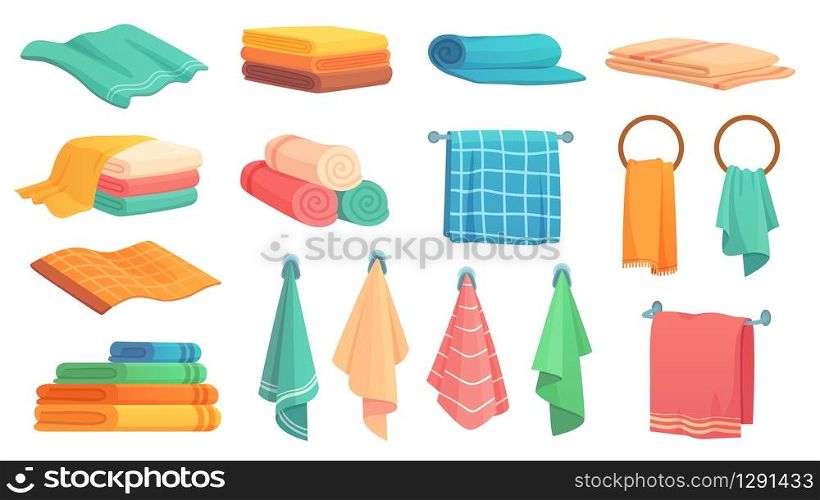 Bath towels. Cartoon fabric towel hanging on ring, rolled color cloth towels and folded towel vector illustration set. Towel bath for hygiene, bathroom textile. Bath towels. Cartoon fabric towel hanging on ring, rolled color cloth towels and folded towel vector illustration set