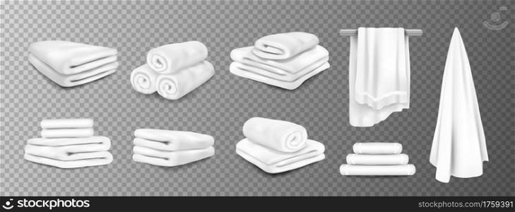 Bath towels. Realistic white hospital and hotel white bathroom hanging terry cloth. Isolated 3D soft fluffy fabric rolled and folded. Vector stack of textile toiletries set on transparent background. Bath towels. Realistic white hospital and hotel white bathroom hanging terry cloth. 3D fluffy fabric rolled and folded. Vector stack of textile toiletries set on transparent background