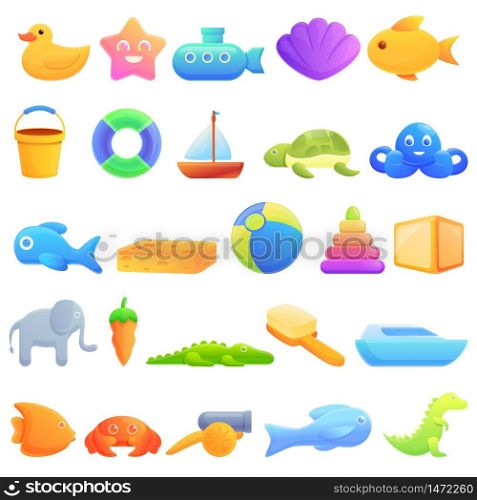 Bath toys icons set. Cartoon set of bath toys vector icons for web design. Bath toys icons set, cartoon style