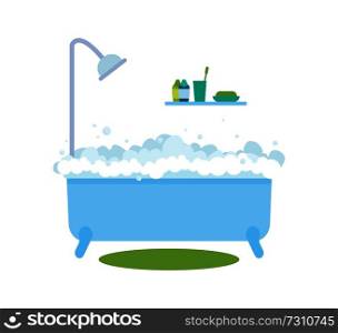 Bath with bubbles and hot water, bath time and healthcare, hygiene and products, soap and toothbrush, with gels and sh&oos, vector illustration. Bath with Bubbles Hot Water Vector Illustration