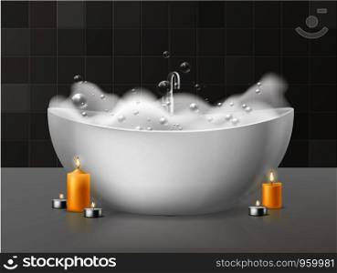 Bath with foam. Relaxing bath with soap bubbles foaming, bubbly bathtub in luxurious bathroom and burning candles. Vector bathe realistic concept concept. Bath with foam. Relaxing bath with soap bubbles foaming, bubbly bathtub in luxurious bathroom and burning candles. Vector concept