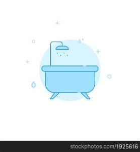 Bath with shower vector icon. Plumbing flat illustration. Filled line style. Blue monochrome design. Editable stroke. Adjust line weight.. Bath with shower flat vector icon. Plumbing symbol filled line style. Blue monochrome design. Editable stroke