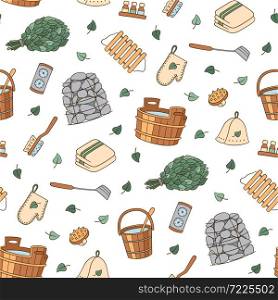 Bathhouse and Sauna accessories - washer, broom, tub, bucket, potholders, stones and other. Hand drawn seamless pattern. Vector illustration in doodle style on white background.. Sauna and Bathhouse accessories. Hand drawn seamless pattern.