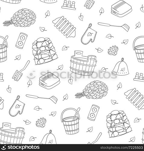 Bathhouse and Sauna accessories - washer, broom, tub, bucket, potholders, stones and other. Hand drawn seamless pattern. Vector illustration in doodle style on white background.. Sauna and Bathhouse accessories. Hand drawn seamless pattern.