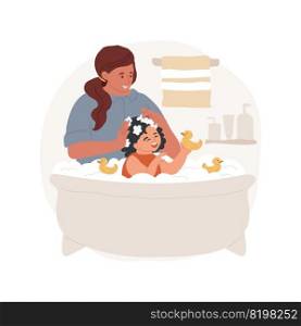 Bathing isolated cartoon vector illustration. Nanny bathing a child, kid play with toy in bathtub, daycare activities, in-home help with children, professional caregiver service vector cartoon.. Bathing isolated cartoon vector illustration.