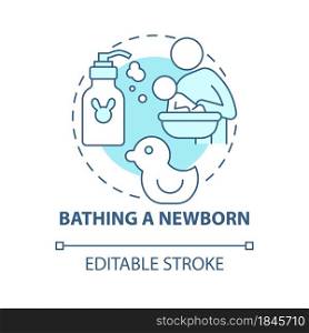 Bathing newborn blue concept icon. Baby hygiene abstract idea thin line illustration. Take bath with baby twice a week. Kid bathtub. Vector isolated outline color drawing. Editable stroke. Bathing newborn blue concept icon